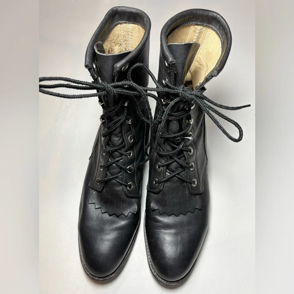 Vintage Justin L620 Black Leather Lace-Up Kiltie Roper Boots - Picture 2 of 7